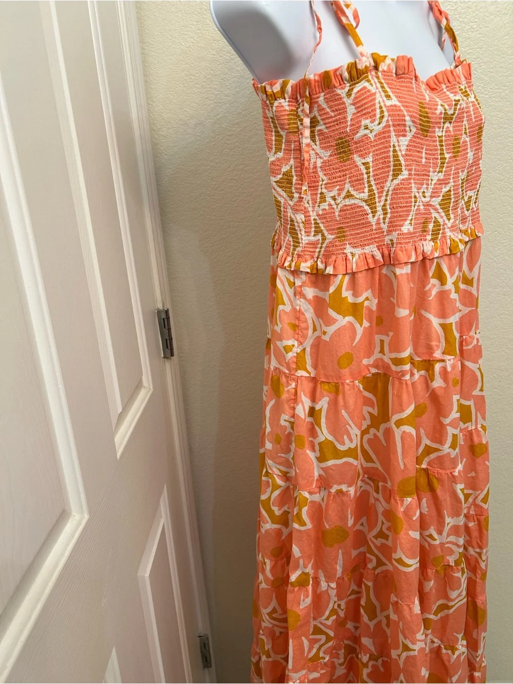 J. Crew Orange Floral Smocked Tie-Shoulder Maxi Dress